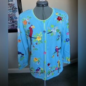 Berek M Embroidered Tropical Bird Hawaiian Sweater cardigan Vacation parakeet
